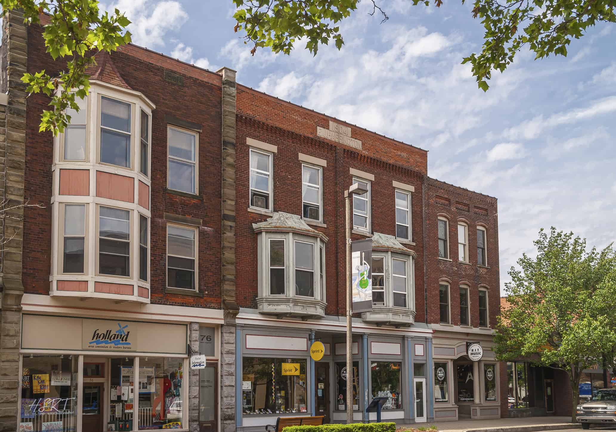 Row of businesses in 8th street, Holland, MI, USA.